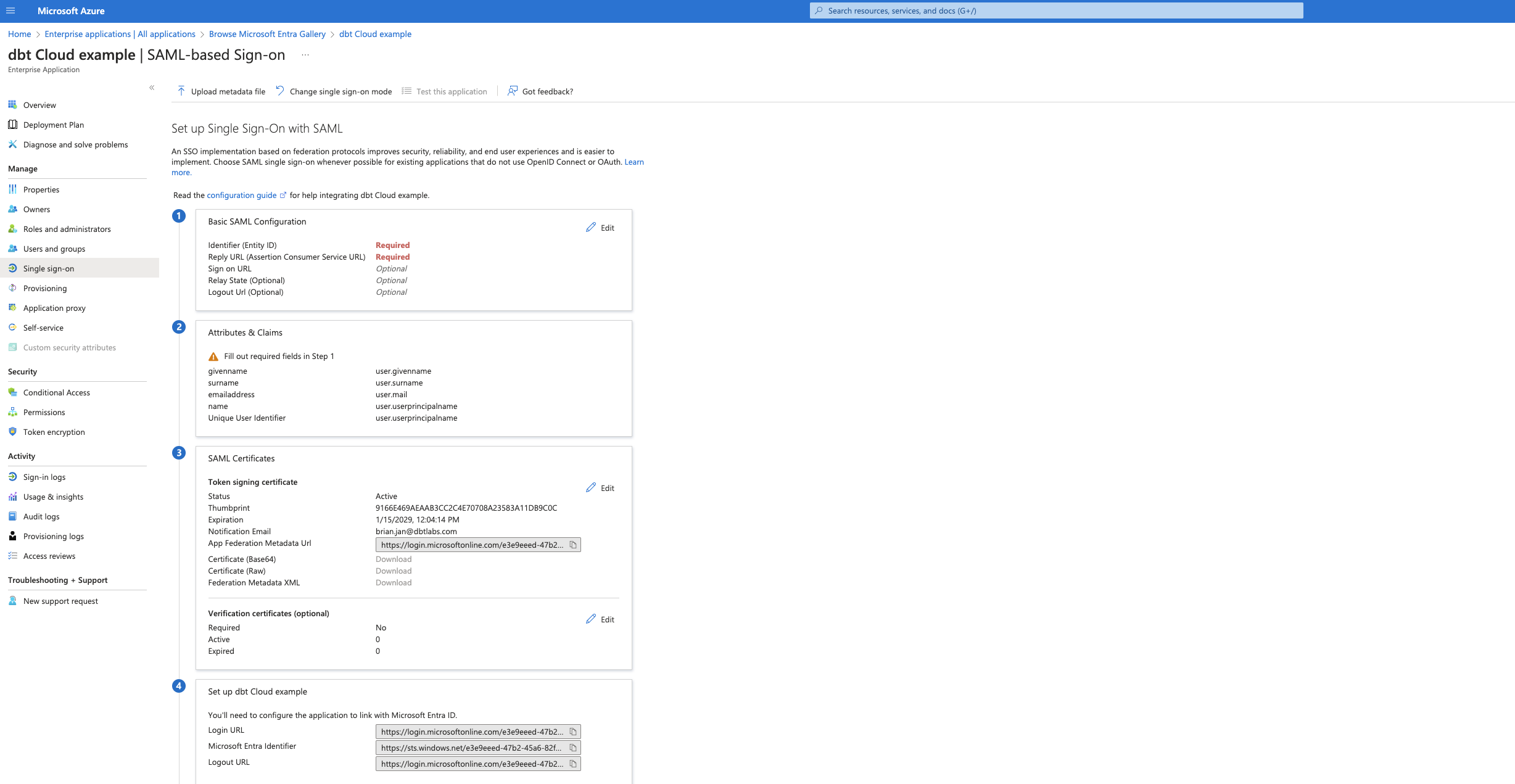 In the 'Set up Single Sign-On with SAML' page, click 'Edit' in the 'Basic SAML Configuration' card